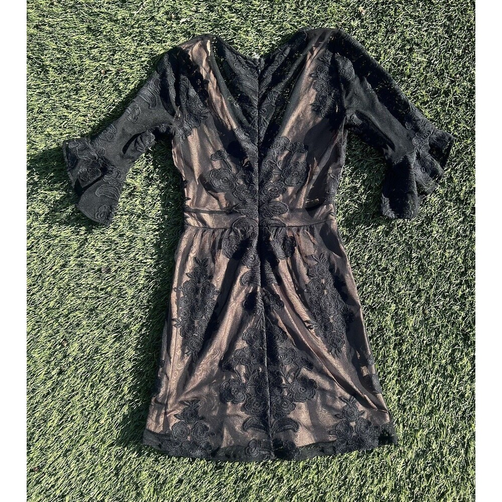 For Love & Lemons Temecula Embroidered Mesh Mini Dress Black Nude S - Picture 9 of 11